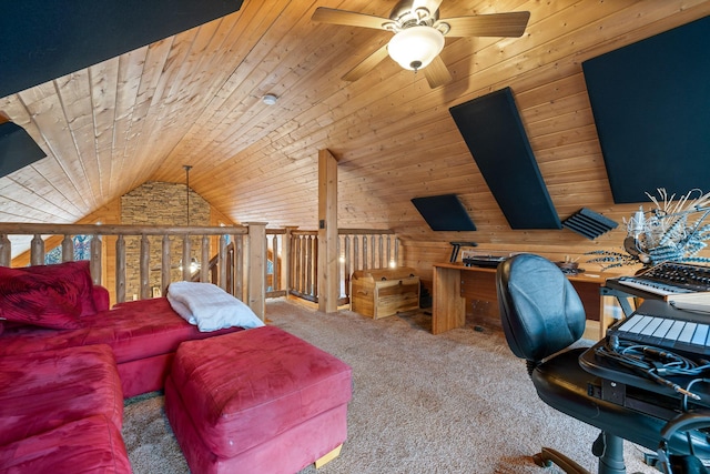 home office with ceiling fan, wood walls, wooden ceiling, and vaulted ceiling