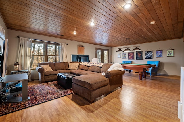 living room with light hardwood / wood-style floors, wood ceiling, and billiards