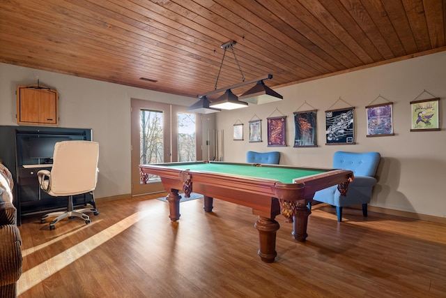 rec room featuring hardwood / wood-style flooring, wooden ceiling, and billiards