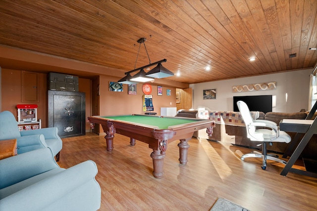 rec room featuring light hardwood / wood-style floors, wood ceiling, and billiards