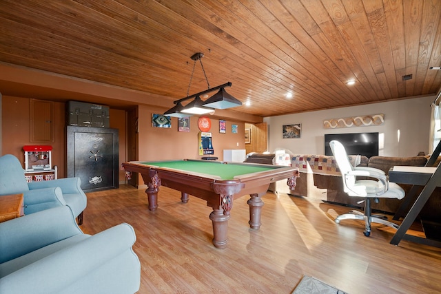 playroom with light hardwood / wood-style floors, wood ceiling, and billiards