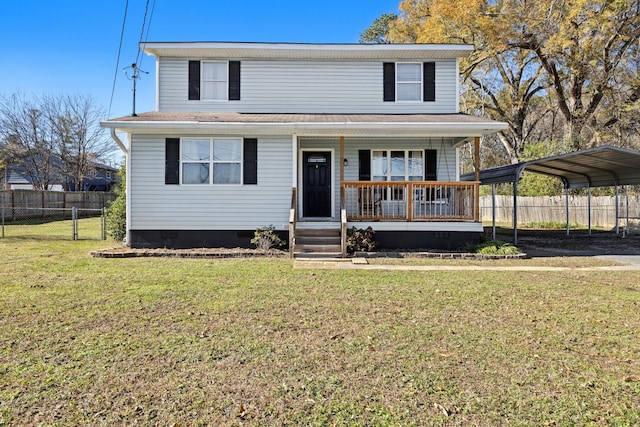 view of property featuring a front lawn, covered porch, and a carport