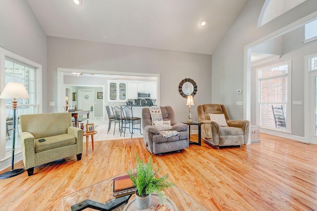 living room featuring light wood-type flooring, high vaulted ceiling, and a wealth of natural light