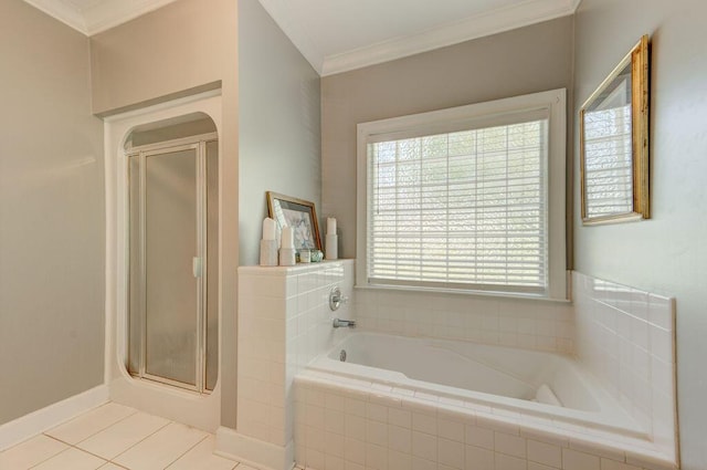 bathroom with tile patterned flooring, plus walk in shower, and ornamental molding