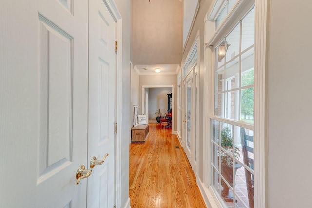 corridor with a wealth of natural light, crown molding, and light hardwood / wood-style floors