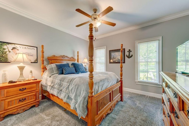 bedroom with carpet floors, ceiling fan, and crown molding