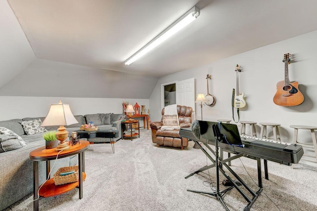 carpeted living room with lofted ceiling