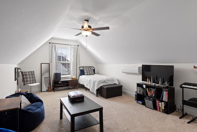 bedroom featuring light colored carpet, vaulted ceiling, and ceiling fan