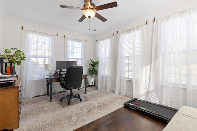 home office featuring hardwood / wood-style floors, ceiling fan, and crown molding