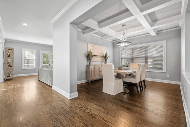 dining room with coffered ceiling, dark hardwood / wood-style flooring, beamed ceiling, a notable chandelier, and ornamental molding