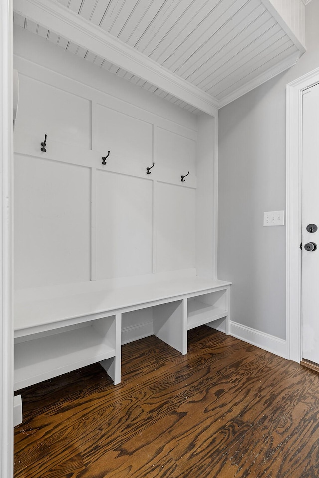 mudroom featuring wooden ceiling and dark hardwood / wood-style floors