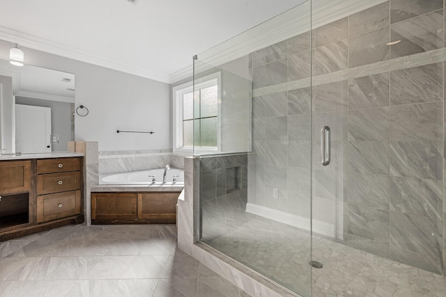 bathroom featuring vanity, separate shower and tub, and ornamental molding