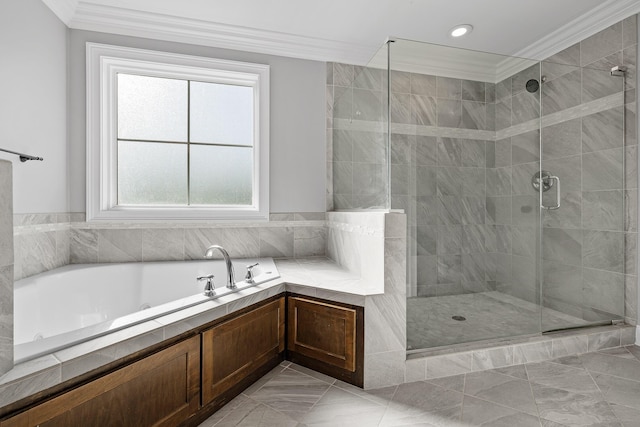 bathroom featuring plus walk in shower, ornamental molding, and a healthy amount of sunlight