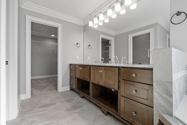 bathroom featuring tile patterned flooring, vanity, and ornamental molding