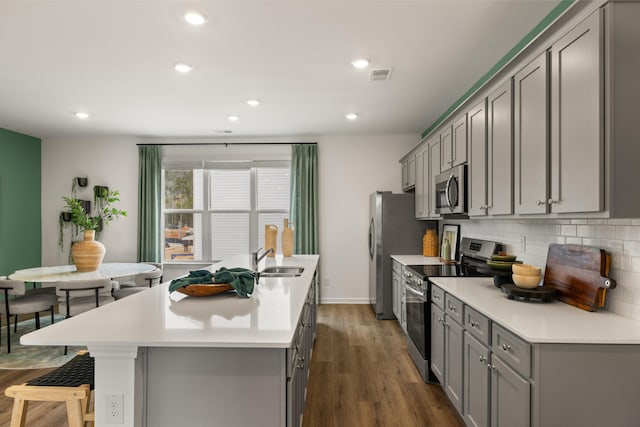 kitchen featuring gray cabinetry, sink, decorative backsplash, a center island with sink, and appliances with stainless steel finishes