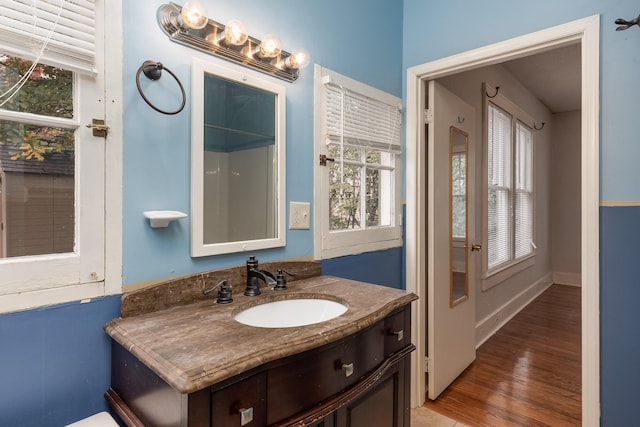 bathroom featuring vanity, a healthy amount of sunlight, and wood-type flooring