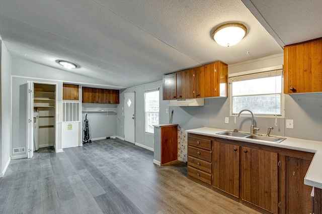 kitchen featuring a textured ceiling, light hardwood / wood-style flooring, sink, and vaulted ceiling