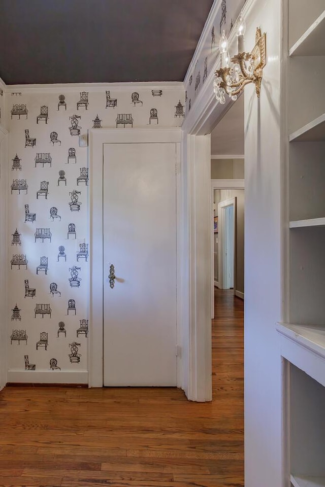 entryway featuring wood-type flooring and crown molding