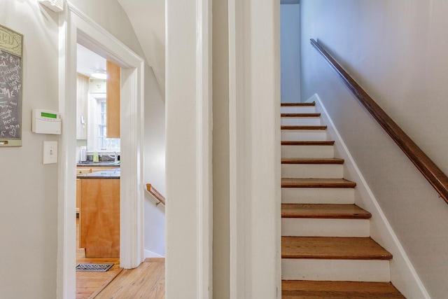 stairway featuring wood-type flooring