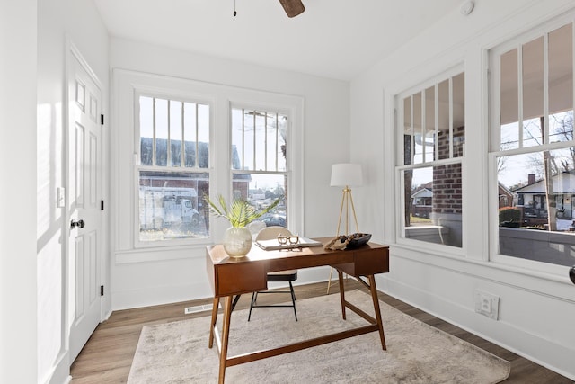 office space featuring ceiling fan, a healthy amount of sunlight, and wood-type flooring