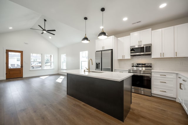 kitchen with white cabinets, appliances with stainless steel finishes, dark hardwood / wood-style flooring, and a kitchen island with sink