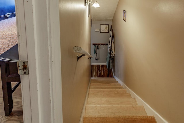 staircase featuring hardwood / wood-style flooring