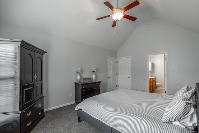 carpeted bedroom featuring connected bathroom, ceiling fan, and lofted ceiling