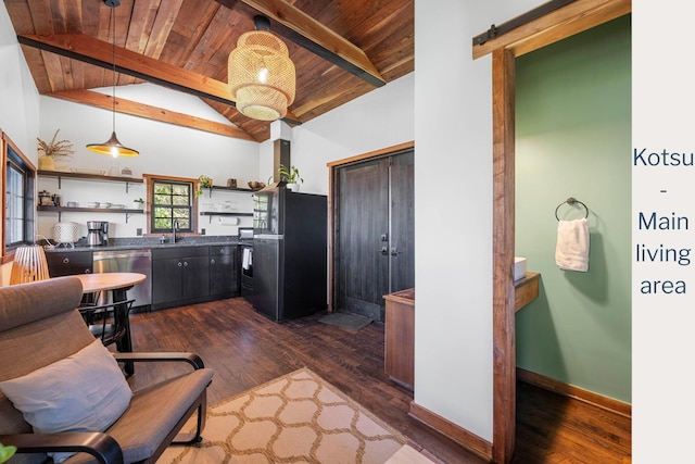9193 Scenic Hwy, Lookout Mountain, GA 30750 - kitchen featuring dishwasher, open shelves, freestanding refrigerator, wooden ceiling, and dark countertops