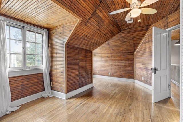 bonus room with light hardwood / wood-style floors, ceiling fan, wood walls, and wood ceiling