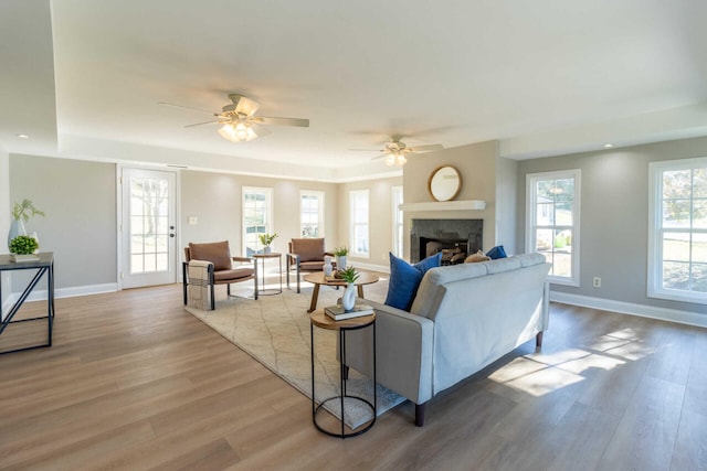 living room with light hardwood / wood-style floors and ceiling fan