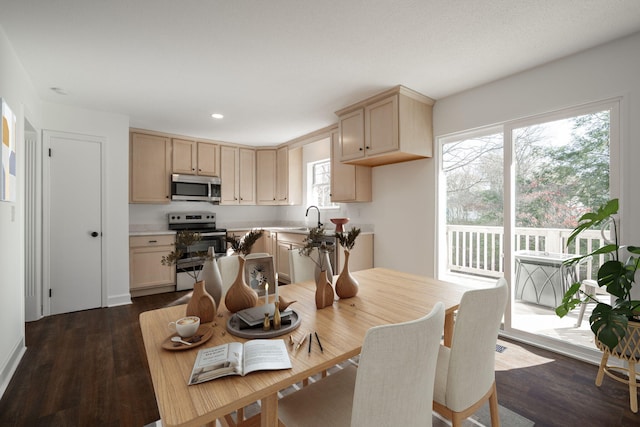 dining space with dark hardwood / wood-style flooring and sink