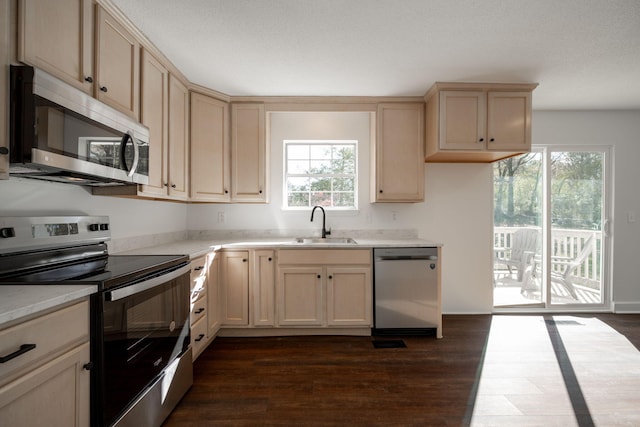 kitchen with sink, plenty of natural light, dark wood-type flooring, and appliances with stainless steel finishes