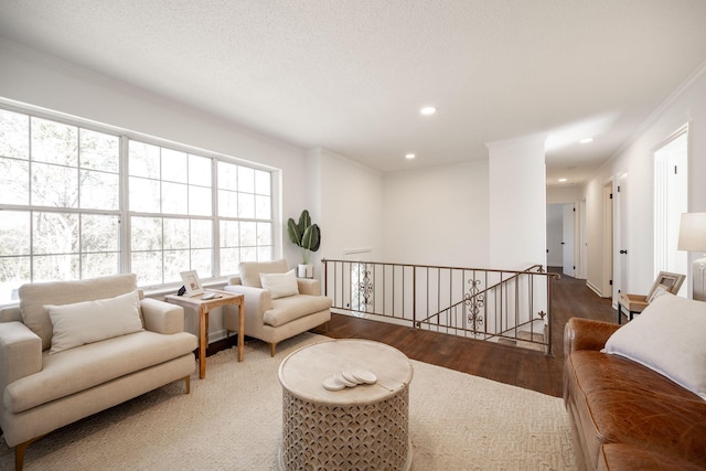 living room with wood-type flooring, a textured ceiling, and ornamental molding