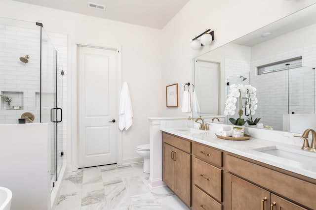 bathroom with vanity, toilet, and an enclosed shower