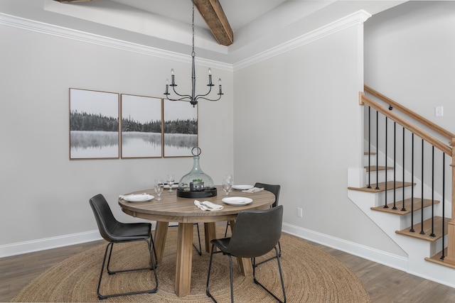 dining space with dark hardwood / wood-style flooring, beamed ceiling, and a notable chandelier