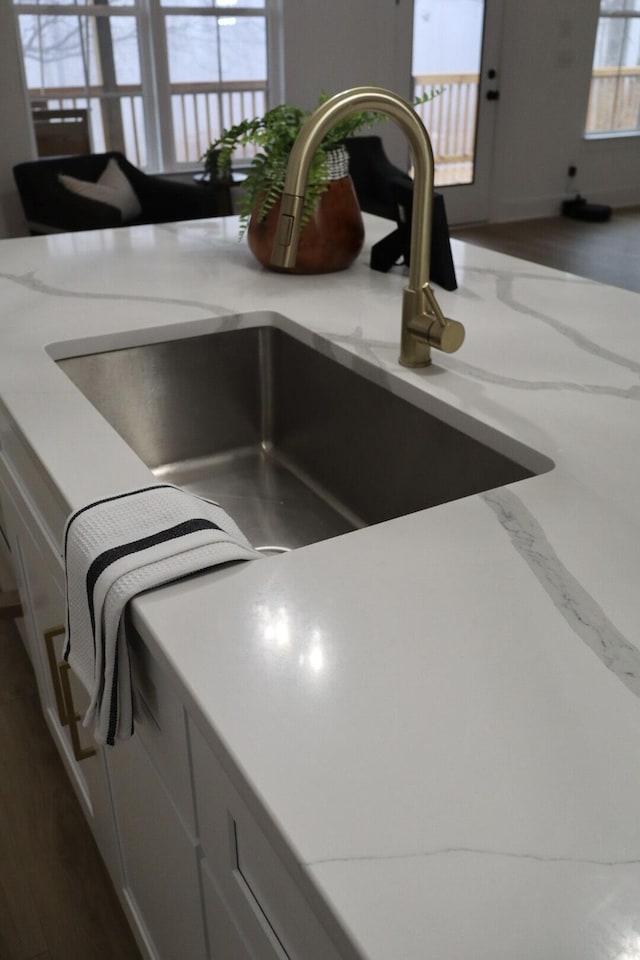 room details with sink, dark hardwood / wood-style floors, and light stone countertops