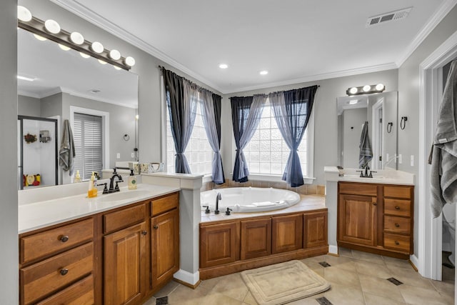 bathroom featuring crown molding, tile patterned flooring, and vanity