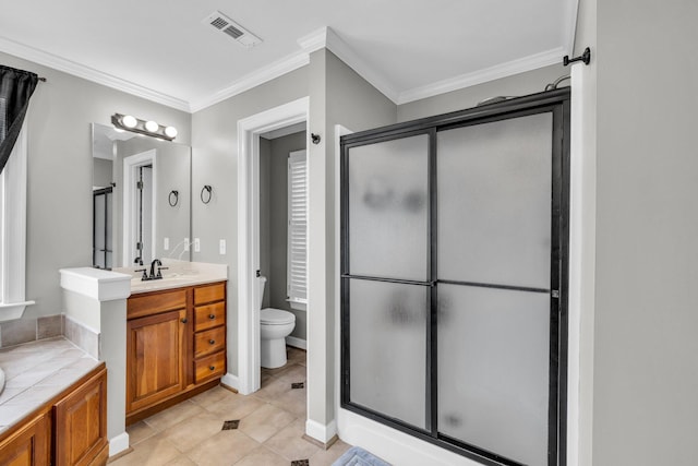 full bathroom featuring plus walk in shower, vanity, toilet, and ornamental molding