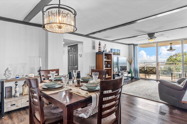 dining space with ceiling fan with notable chandelier, expansive windows, and dark wood-type flooring