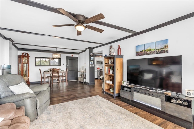 living room featuring dark hardwood / wood-style flooring, ceiling fan, and crown molding