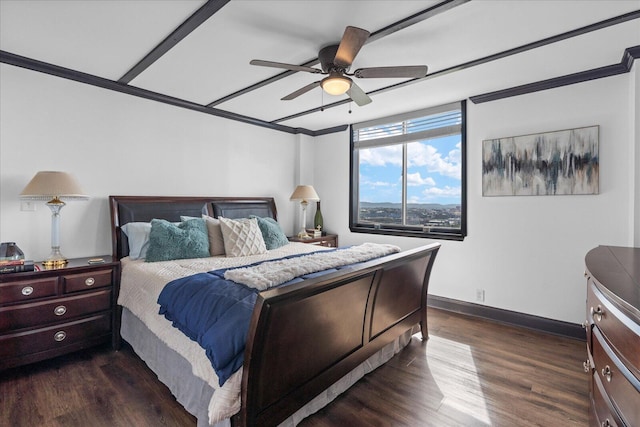 bedroom with ceiling fan, dark hardwood / wood-style floors, and crown molding