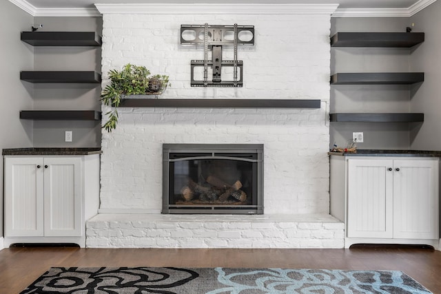 details featuring hardwood / wood-style flooring, ornamental molding, and a fireplace