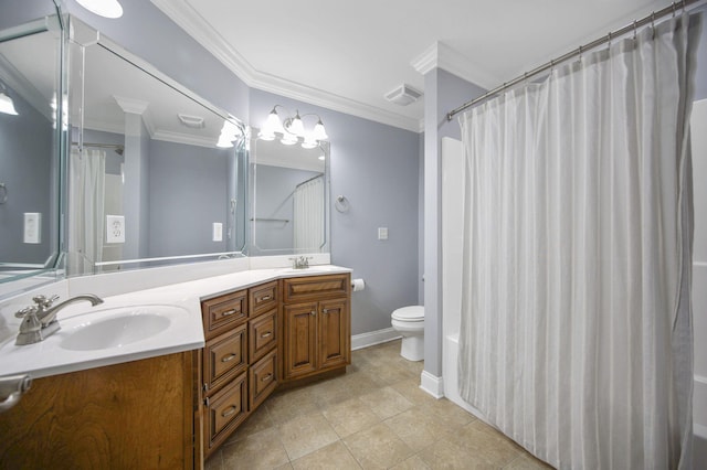 bathroom with vanity, a shower with curtain, crown molding, tile patterned flooring, and toilet