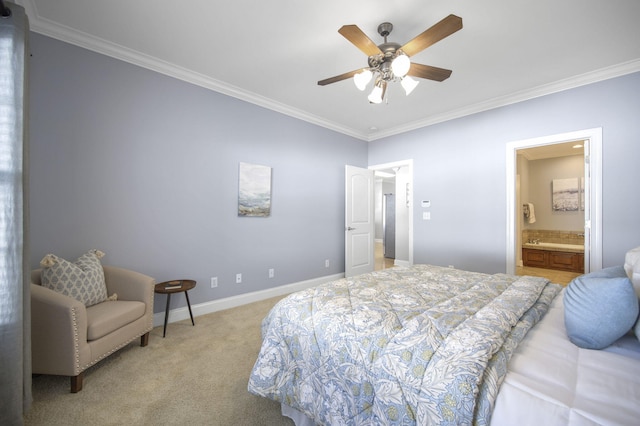 carpeted bedroom featuring ensuite bath, ceiling fan, and crown molding