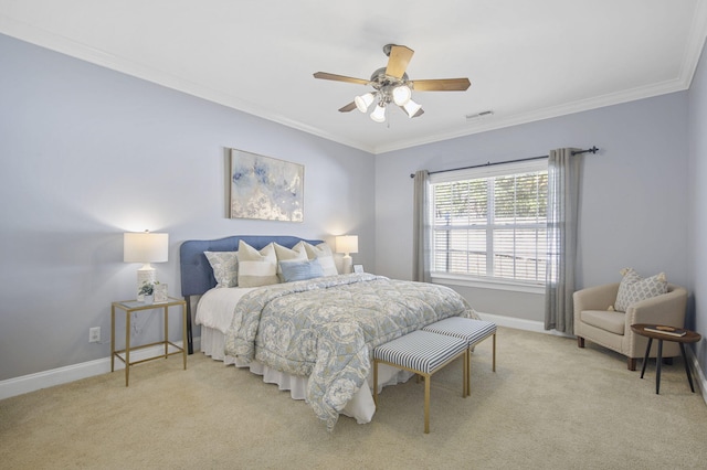 bedroom featuring ceiling fan, ornamental molding, and light carpet