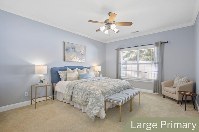 bedroom with ceiling fan, crown molding, and light carpet