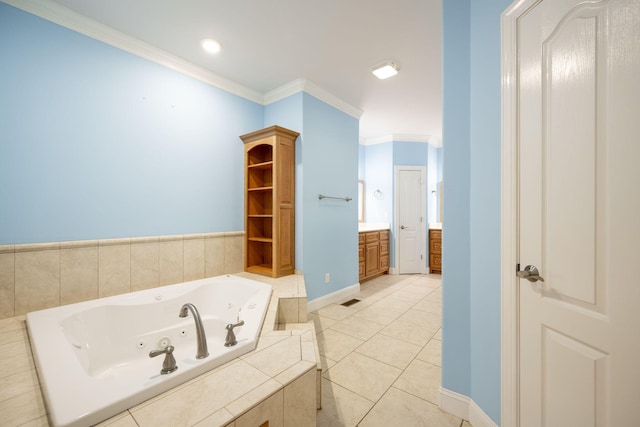 bathroom with vanity, tile patterned floors, ornamental molding, and tiled tub