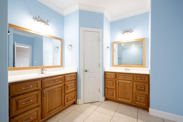 bathroom with tile patterned flooring, vanity, and ornamental molding