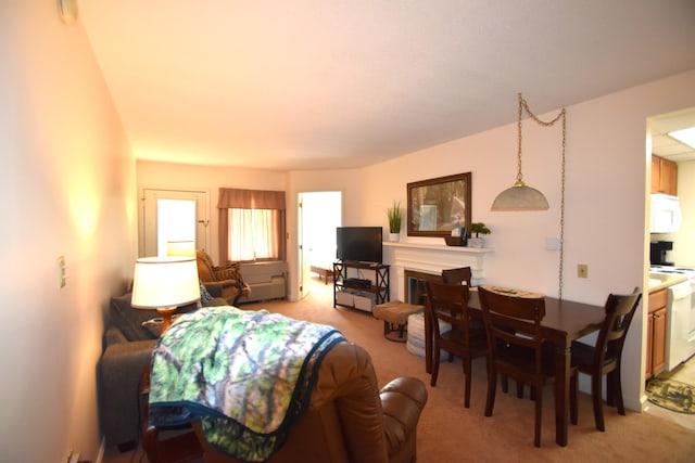 living room featuring light carpet