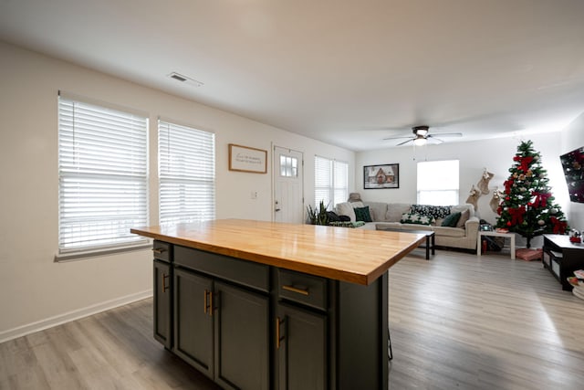 kitchen with ceiling fan, light hardwood / wood-style flooring, a wealth of natural light, and wooden counters